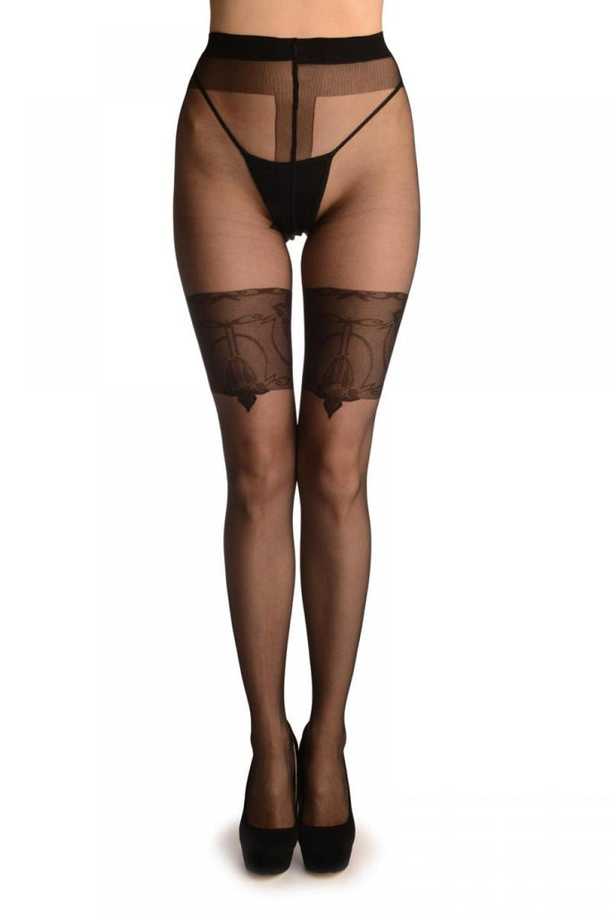Liss Kiss Black With Wide Floral Garter & Geometrical Seam - Tights