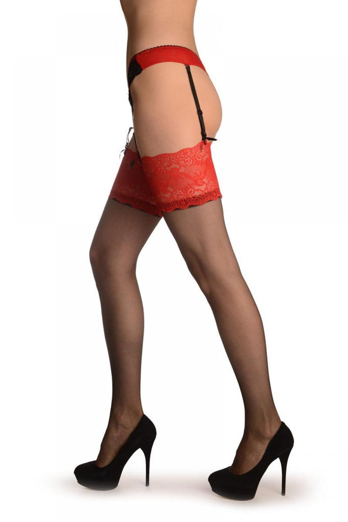 Liss Kiss Black With Wide Floral Red Garter Stockings - Stockings