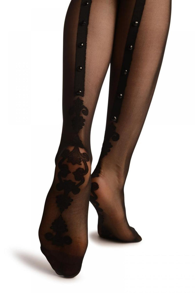 Liss Kiss Black With Wide Seam With Vintage Elements & Large Crystals - Tights