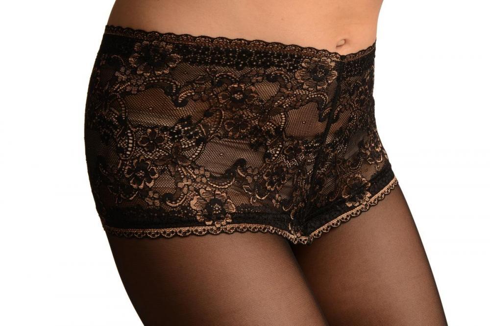 Liss Kiss Black With Wide Silicon Floral Lace Panty Top Tights - Tights