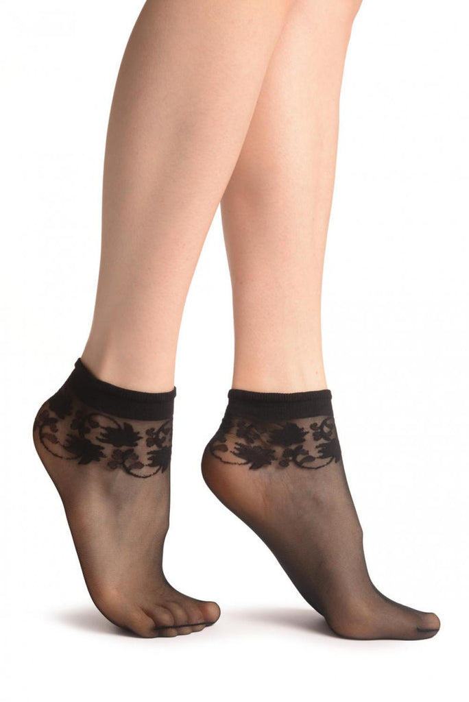 Liss Kiss Black With Wine Leaves Socks Ankle High - Socks