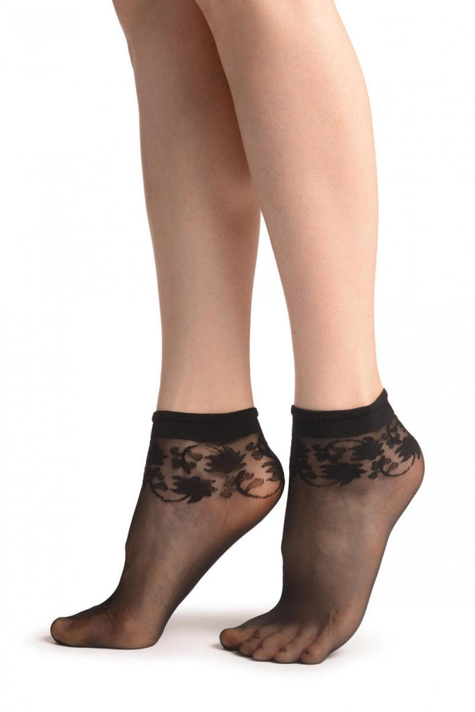 Liss Kiss Black With Wine Leaves Socks Ankle High - Socks