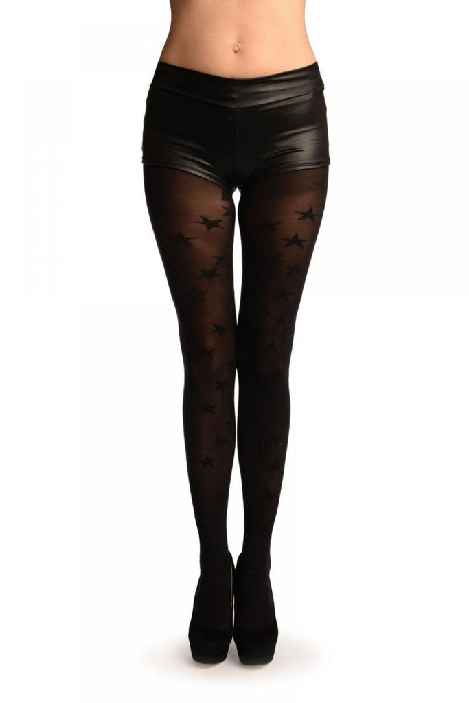 liss kiss Black With Woven Black Shiny Stars Tights - Tights