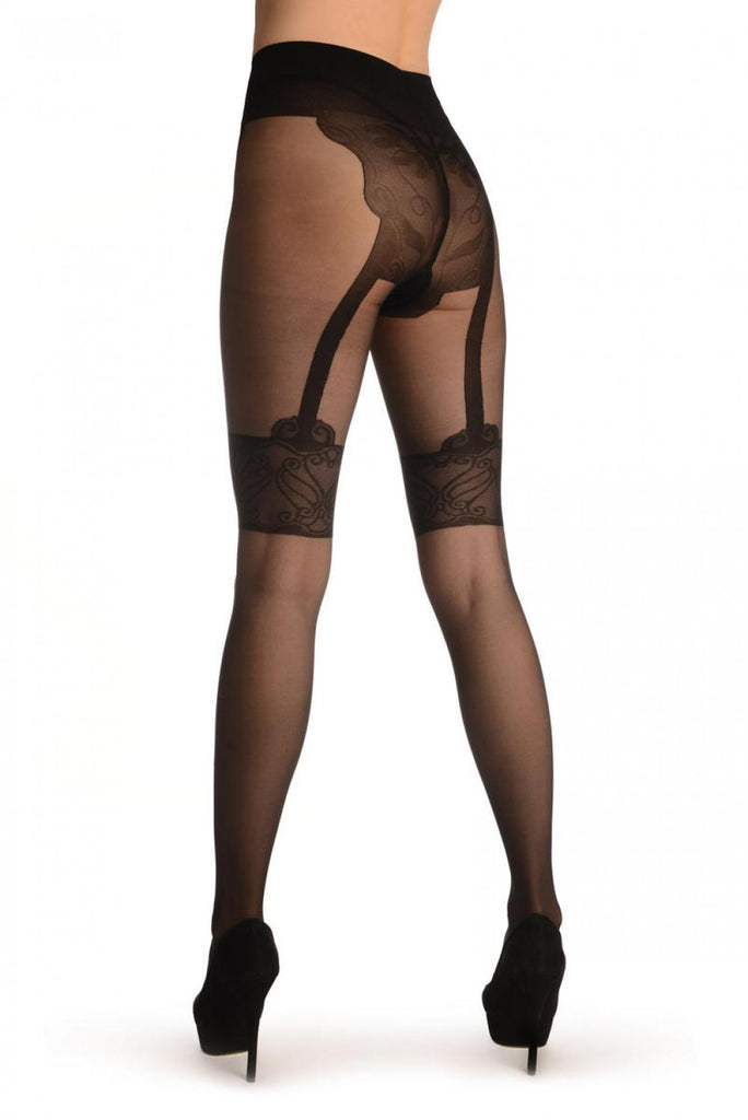 Liss Kiss Black With Woven Garter & Suspenders Top - Tights
