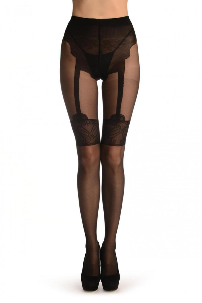 liss kiss Black With Woven Garter & Suspenders Top - Tights