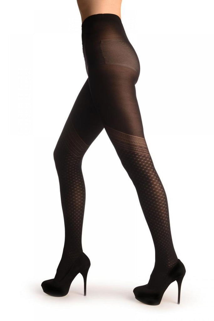 Liss Kiss Black With Woven Geometrical Faux Stockings - Tights
