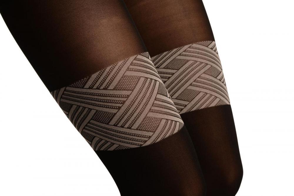 Liss Kiss Black With Woven Grey Overlapping Stripes Top Faux Stockings Tights - Tights