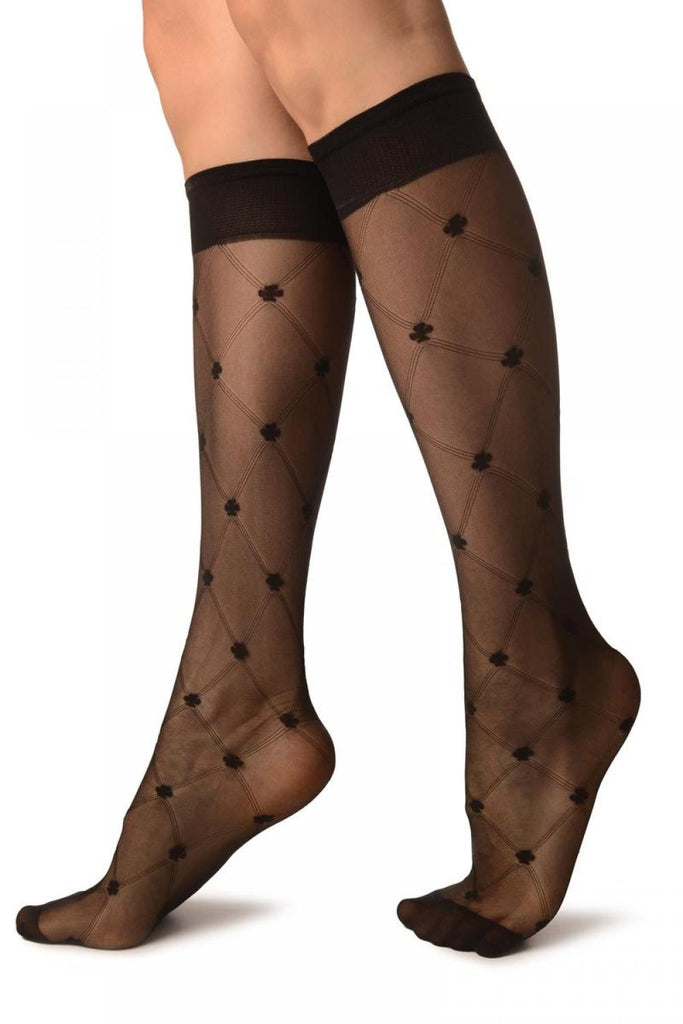 Liss Kiss Black With Woven Mesh & Clover Socks Knee High - Socks