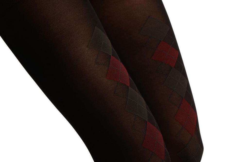 Liss Kiss Black With Woven Red & Dark Grey Diamonds Tights - Tights