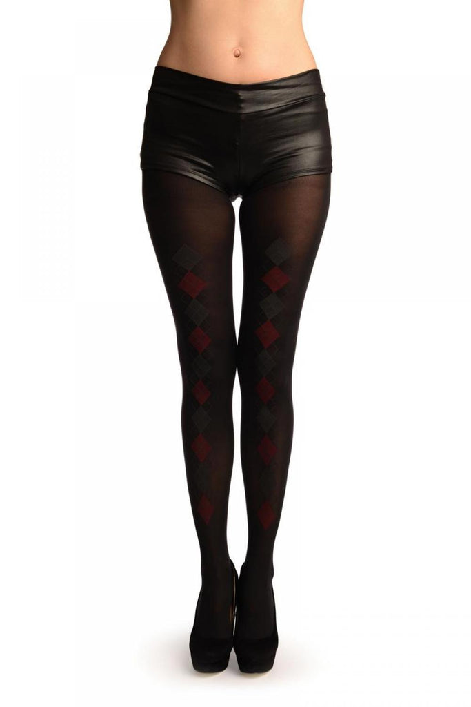 liss kiss Black With Woven Red & Dark Grey Diamonds Tights - Tights