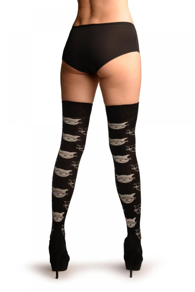Liss Kiss Black With Woven Smiling Cat Faces (Halloween) - Over The Knee Socks