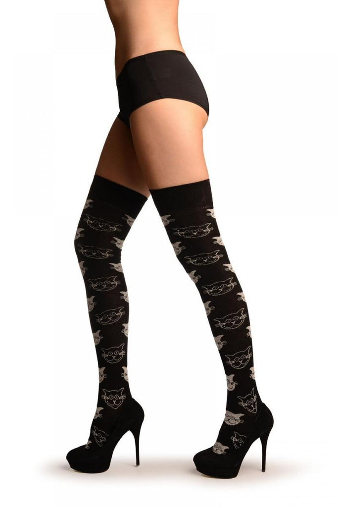 Liss Kiss Black With Woven Smiling Cat Faces (Halloween) - Over The Knee Socks