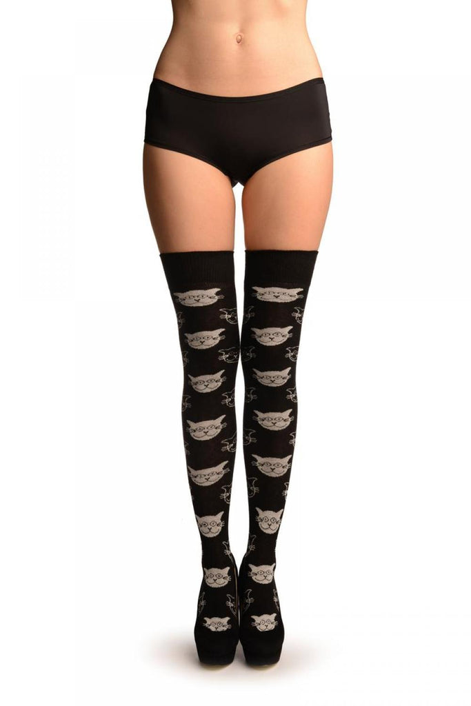 liss kiss Black With Woven Smiling Cat Faces (Halloween) - Over The Knee Socks