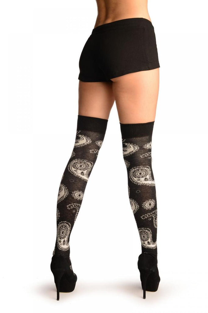 Liss Kiss Black With Woven White Paisleys Over The Knee Socks - Over The Knee Socks