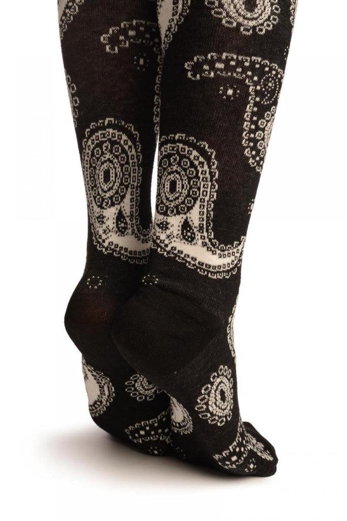 Liss Kiss Black With Woven White Paisleys Over The Knee Socks - Over The Knee Socks
