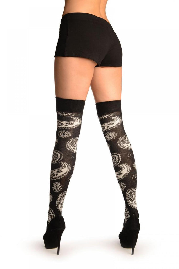 Liss Kiss Black With Woven White Paisleys Over The Knee Socks - Over The Knee Socks