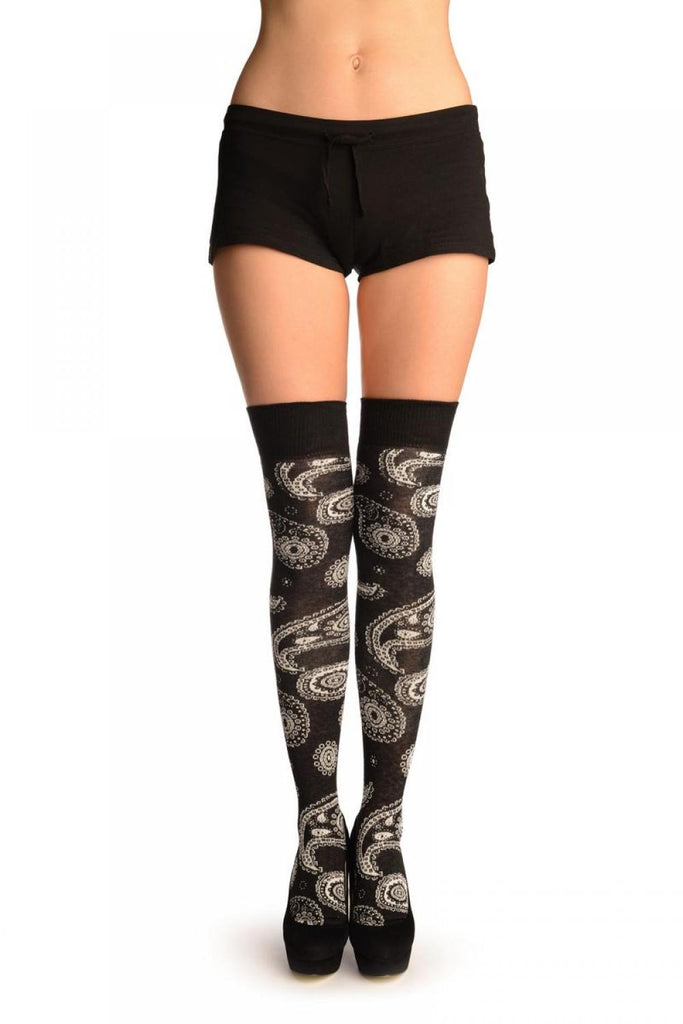 Liss Kiss Black With Woven White Paisleys Over The Knee Socks - Over The Knee Socks
