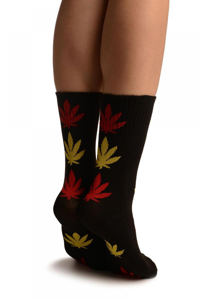Liss Kiss Black With Yellow & Red Leaves Ankle High Socks - Socks