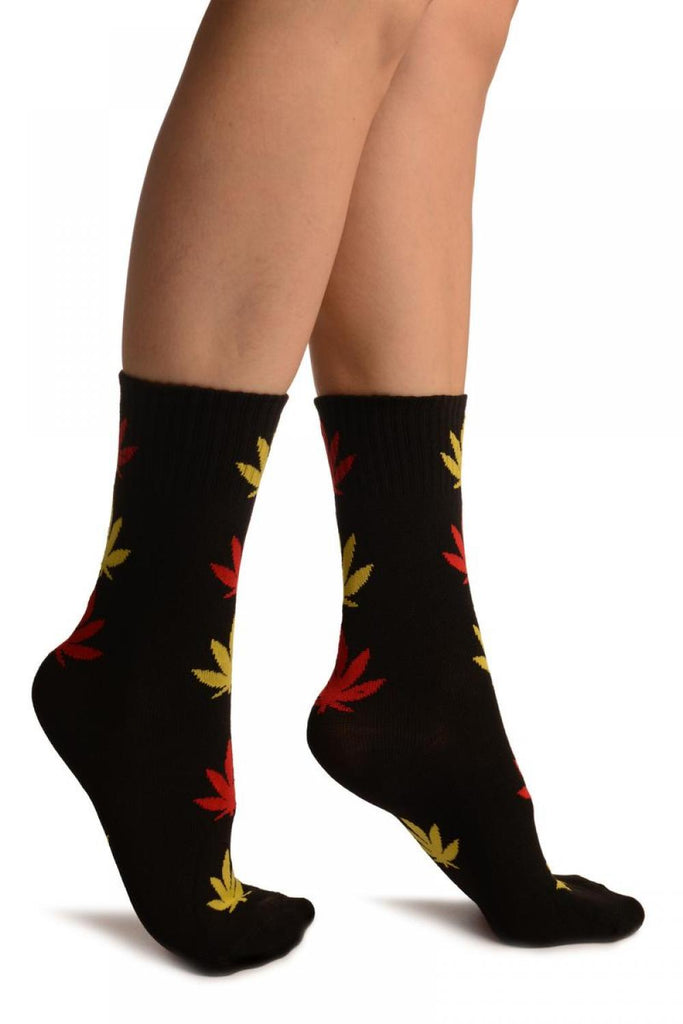Liss Kiss Black With Yellow & Red Leaves Ankle High Socks - Socks