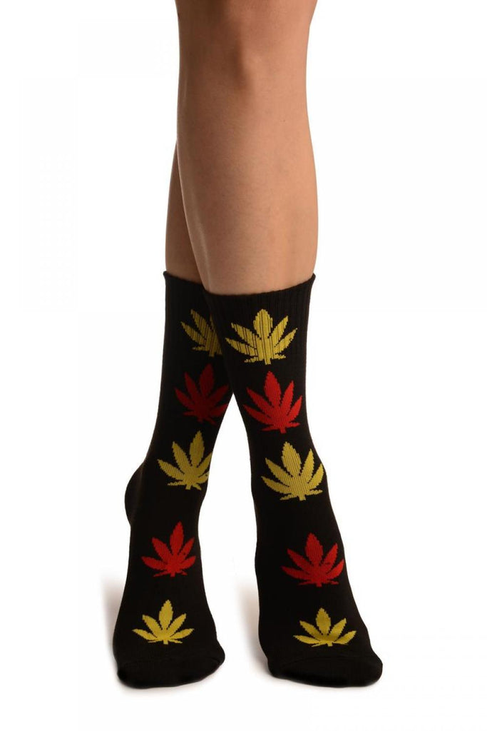 liss kiss Black With Yellow & Red Leaves Ankle High Socks - Socks