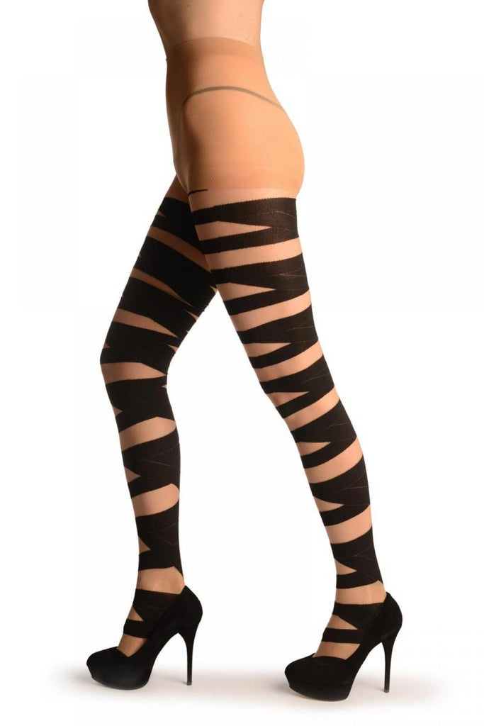 Liss Kiss Black Woven Crossed Wrapping Stripes On Nude - Tights
