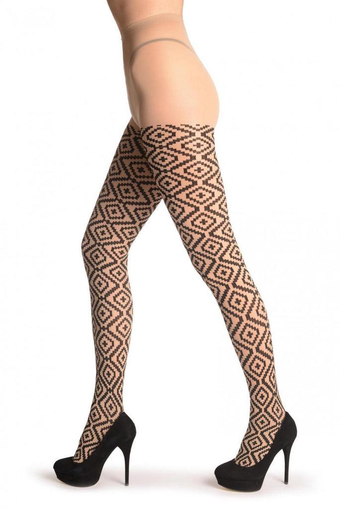 Liss Kiss Black Woven Mosaique Diamonds On Beige - Tights