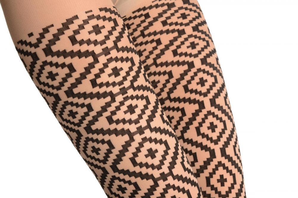 Liss Kiss Black Woven Mosaique Diamonds On Beige - Tights