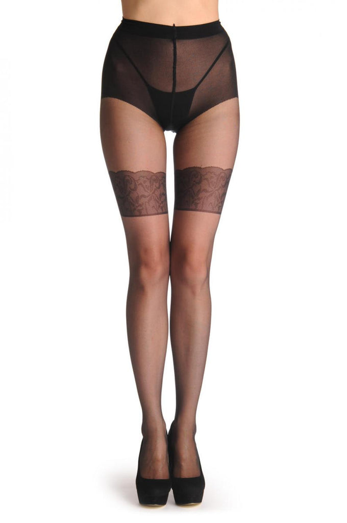 Liss Kiss Black Woven On Stockings With Floral Top And Back Seam 20 Den - Tights