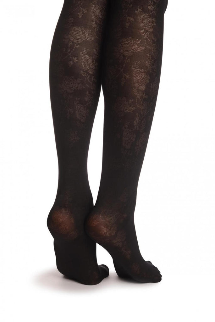 Liss Kiss Black Woven Roses Faux Stokings With Crown Top 40 Den - Tights