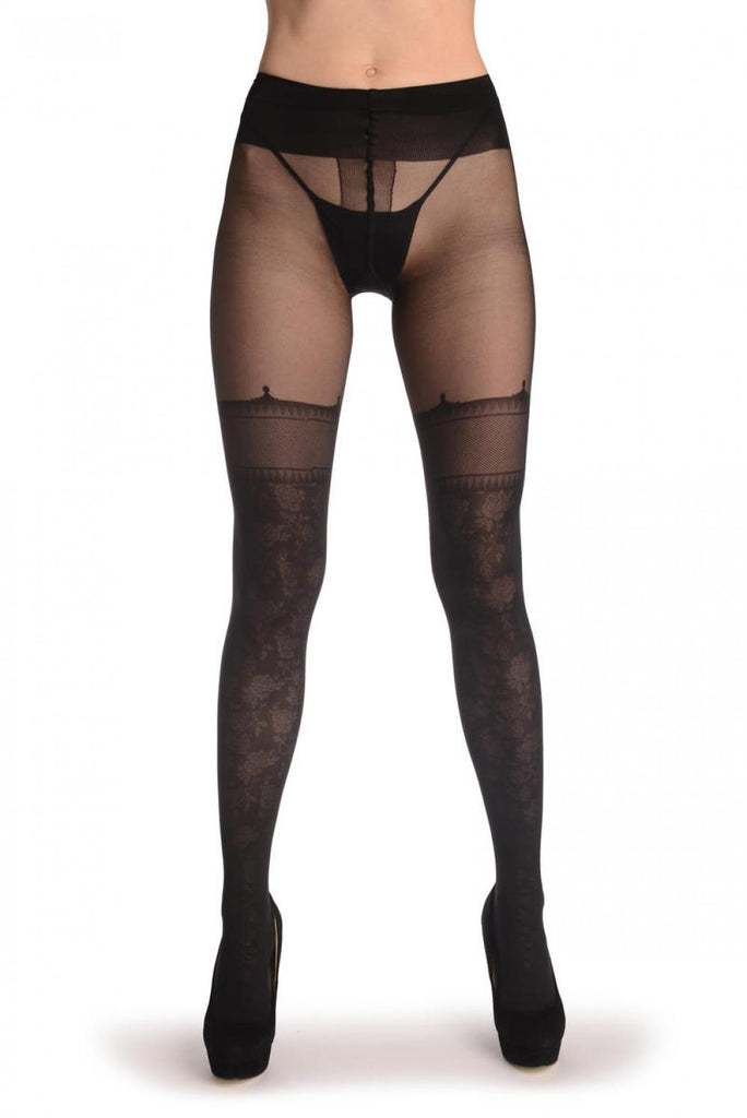 Liss Kiss Black Woven Roses Faux Stokings With Crown Top 40 Den - Tights