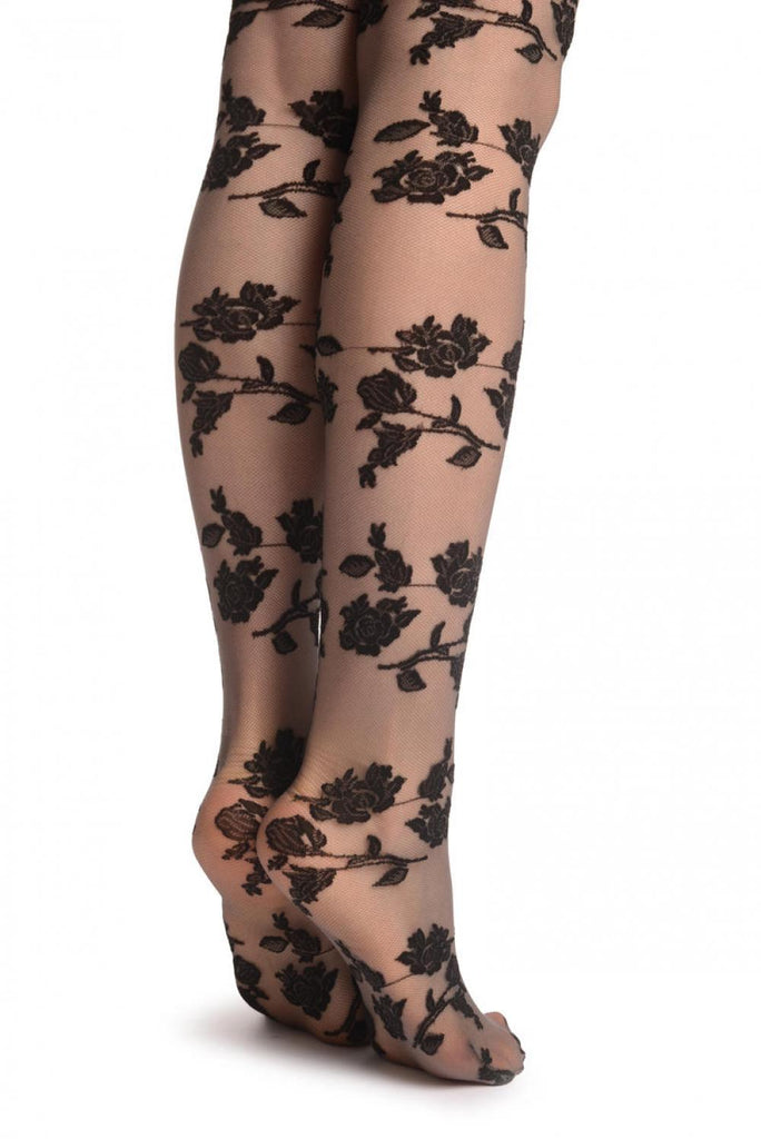 Liss Kiss Black Woven Roses On Micro Grey Lace - Tights
