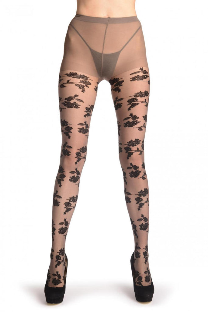 Liss Kiss Black Woven Roses On Micro Grey Lace - Tights