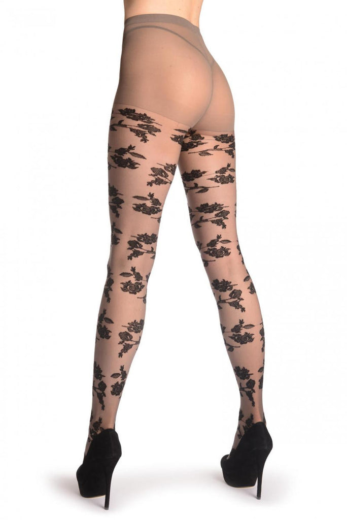 Liss Kiss Black Woven Roses On Micro Grey Lace - Tights
