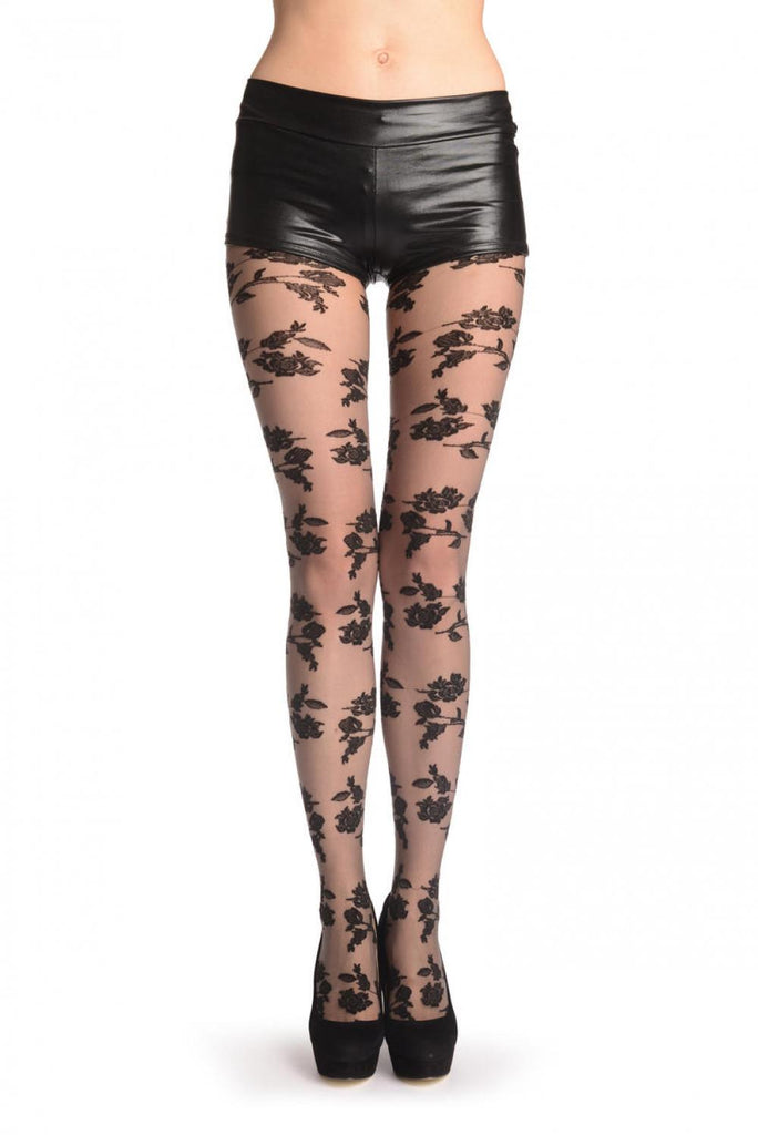 liss kiss Black Woven Roses On Micro Grey Lace - Tights