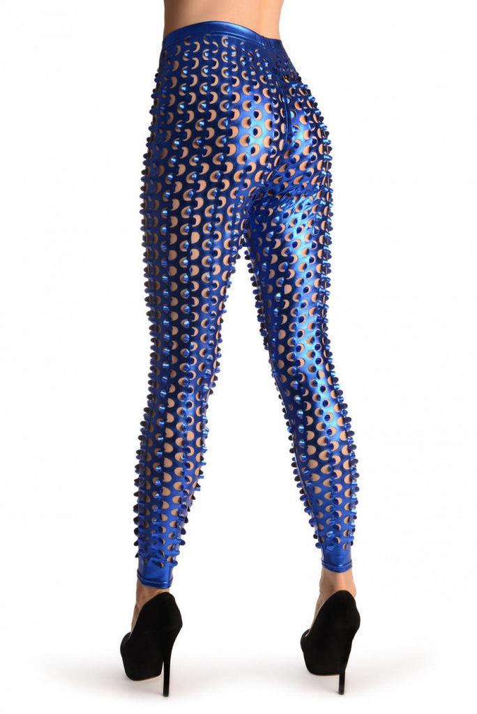 Liss Kiss Blue 3D Cut Through Faux Leather Spikes - Leggings