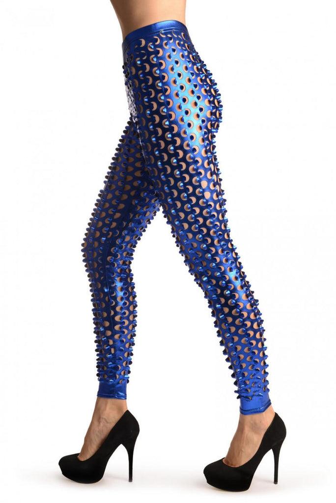 Liss Kiss Blue 3D Cut Through Faux Leather Spikes - Leggings