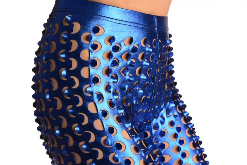Liss Kiss Blue 3D Cut Through Faux Leather Spikes - Leggings