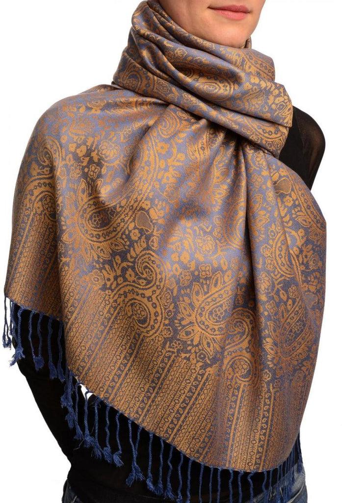 Liss Kiss Blue & Beige Paisleys Pashmina Feel With Tassels - Scarf