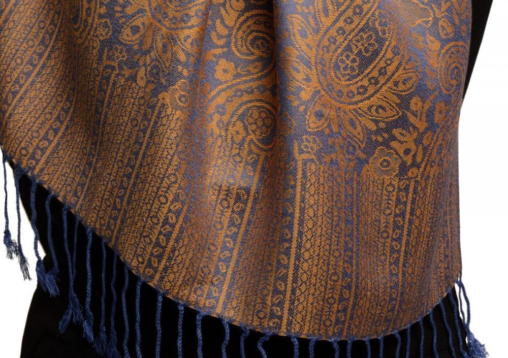 Liss Kiss Blue & Beige Paisleys Pashmina Feel With Tassels - Scarf