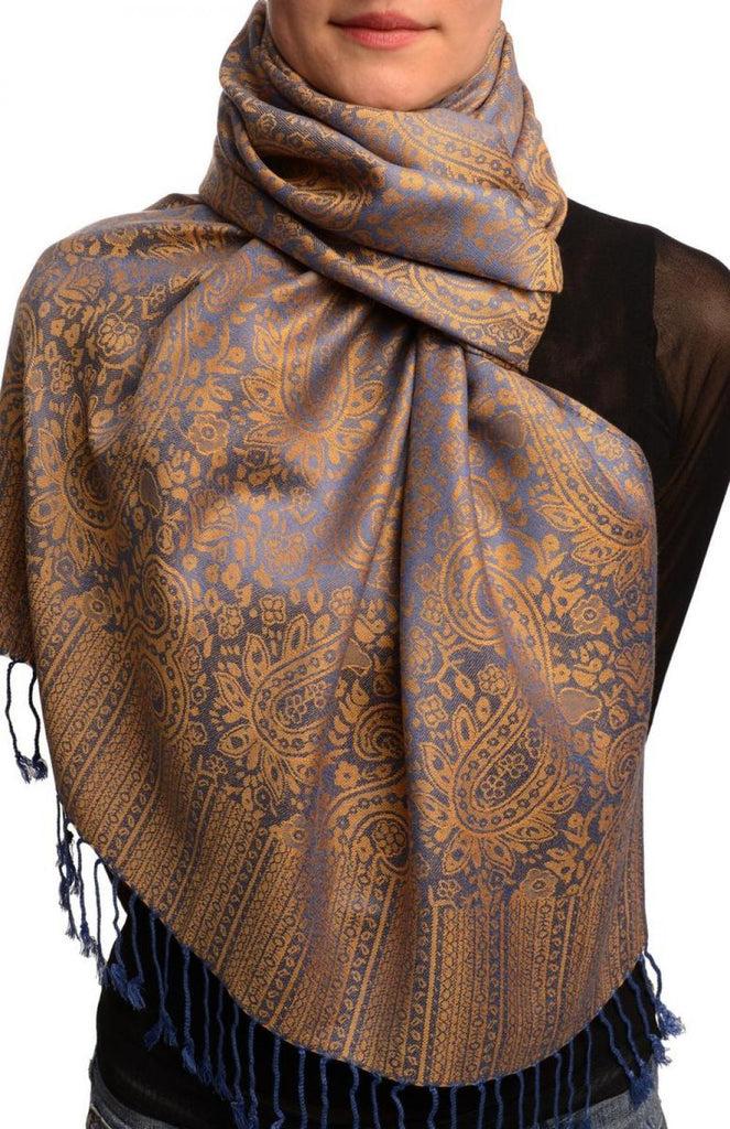 liss kiss Blue & Beige Paisleys Pashmina Feel With Tassels - Scarf