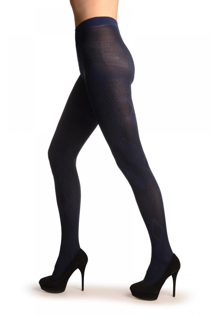 Liss Kiss Blue & Black Geometrical Woven Tiles - Tights