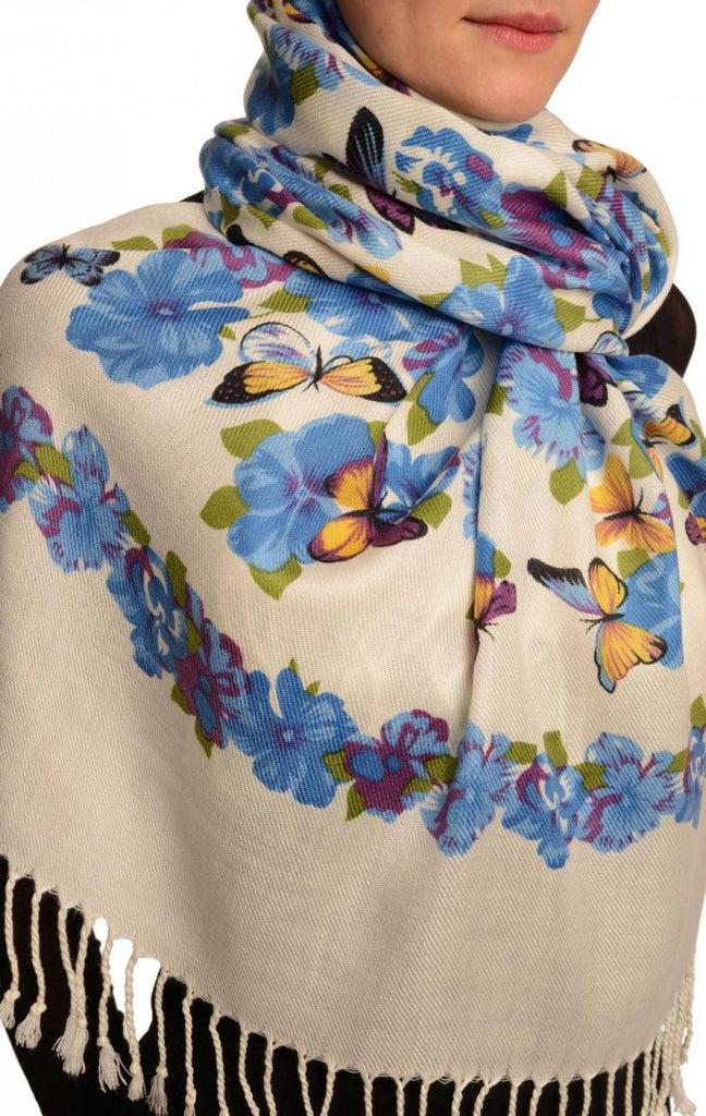 Liss Kiss Blue Butterflies & Flowers On White Pashmina Feel With Tassels - Scarf
