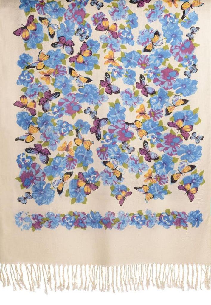 Liss Kiss Blue Butterflies & Flowers On White Pashmina Feel With Tassels - Scarf