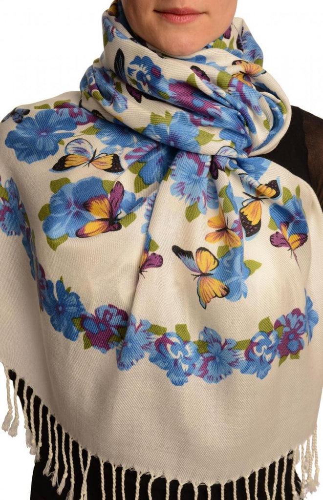 liss kiss Blue Butterflies & Flowers On White Pashmina Feel With Tassels - Scarf