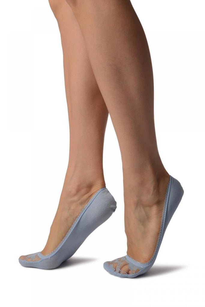 Liss Kiss Blue Cotton With Floral Lace Front Footies - Footsies Socks