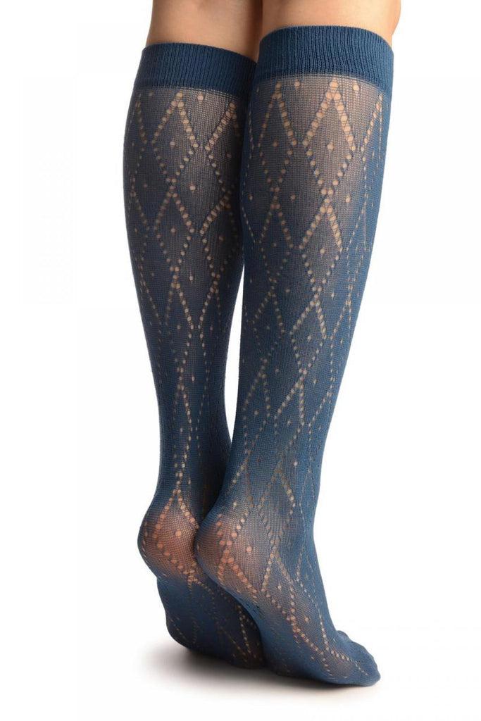 Liss Kiss Blue Crochet Rhombs Socks Knee High - Socks