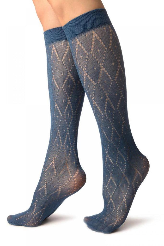 Liss Kiss Blue Crochet Rhombs Socks Knee High - Socks