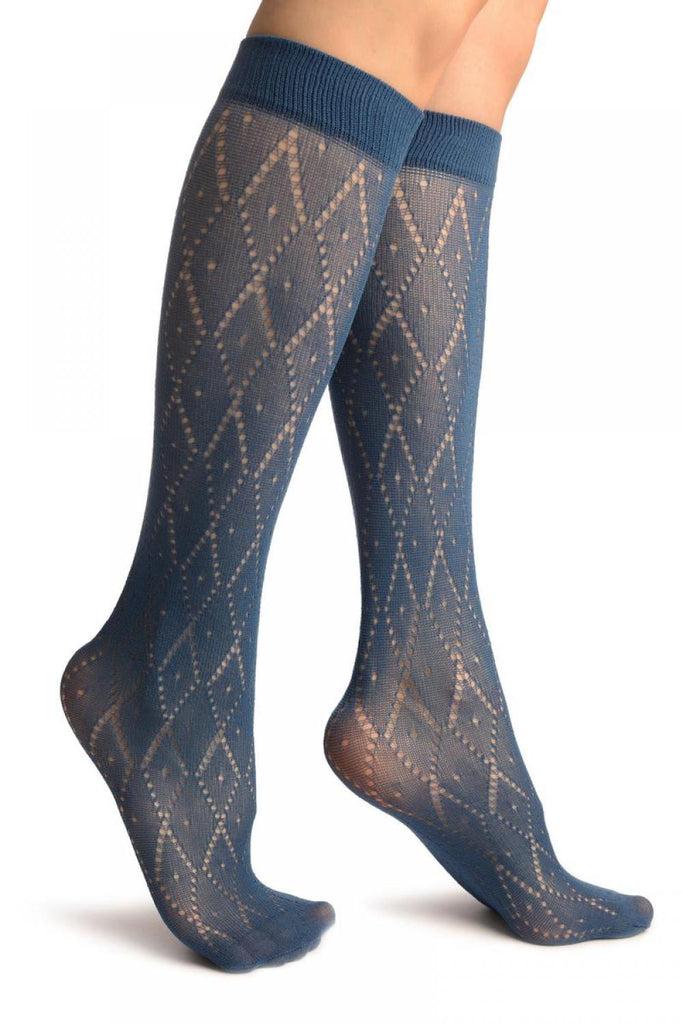 liss kiss Blue Crochet Rhombs Socks Knee High - Socks