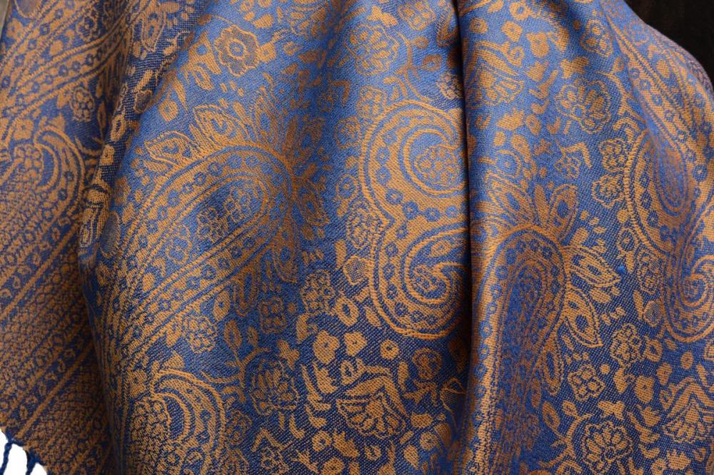 Liss Kiss Blue & Dark Beige Paisleys Pashmina Feel With Tassels - Scarf