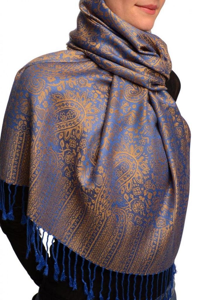Liss Kiss Blue & Dark Beige Paisleys Pashmina Feel With Tassels - Scarf